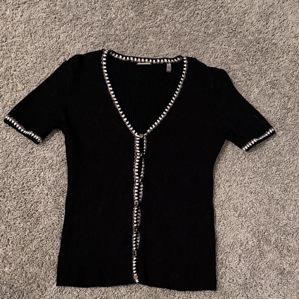 Elie Tahari Black Short Sleeve Blouse with White Trim XS
